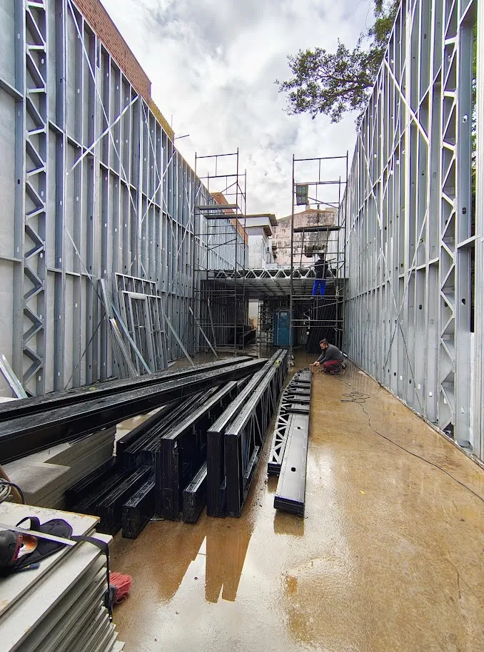 Tall cold-formed steel wall framing during construction