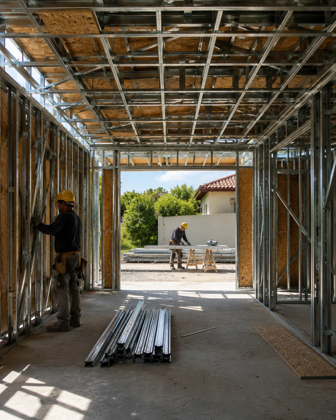 Vista interna de estrutura Steel Frame em montagem